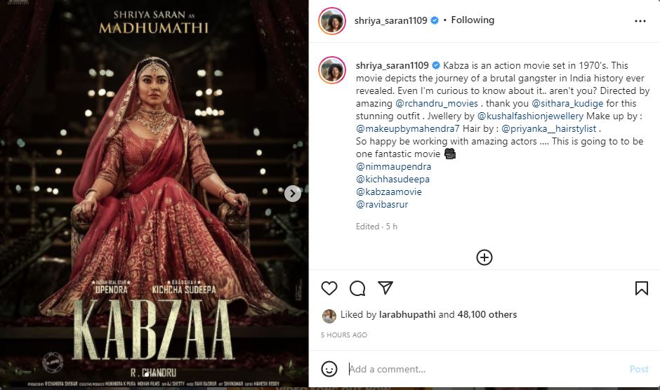 Shriya Saran unveils first look from 'Kabza'