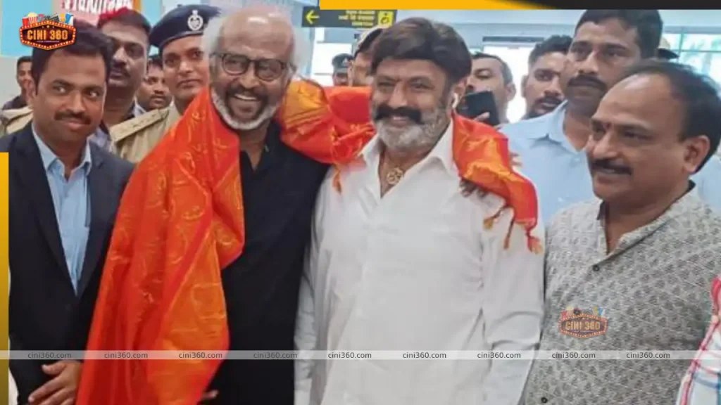 Balakrishna welcomes Rajinikanth when he arrives in Vijaywada for Sr. NTR’s birthday anniversary festivities. rajinikanth-gets-a-warm-welcome-from-balakrishna-as-he-reaches-vijaywada-for-sr-ntrs-anniversary-celebrations